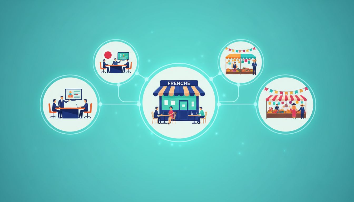 AI generated image: A digital illustration of various floating icons representing different cultural scenes: a French café, a