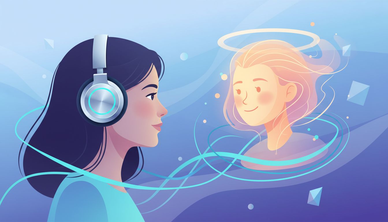 AI generated image: An elegant, minimalist illustration showing a person wearing sleek headphones, engaged in a vibrant conve
